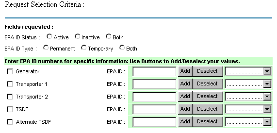 Field names section of Request Selection Criteria